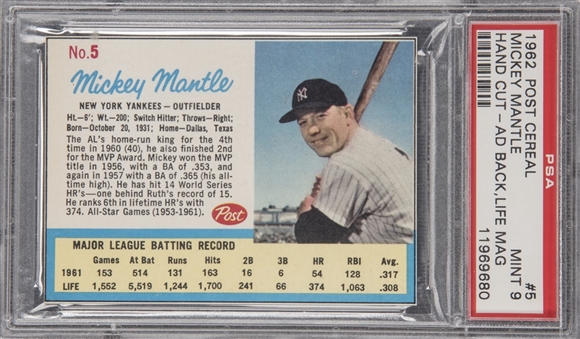 1962 Post Cereal #5 Mickey Mantle, Life Ad on Back, Hand Cut – PSA MINT 9